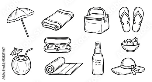 Collection of hand-drawn beach vacation items including an umbrella, towel, cooler, flip-flops, and coconut drink in a simple black and white doodle illustration style