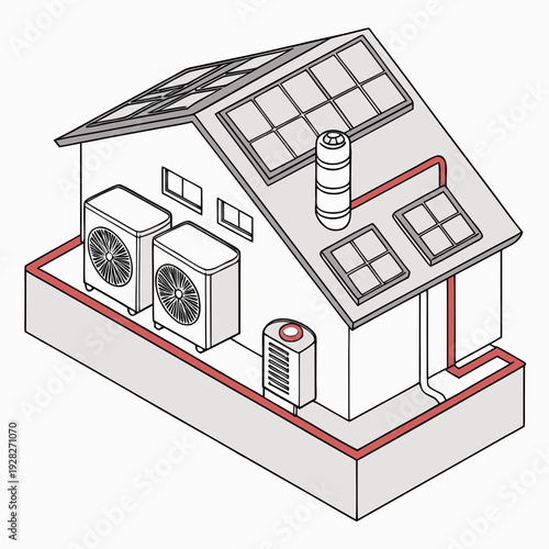 Isometric illustration of a modern house with solar panels on the roof, air conditioning units, and visible heating system pipes, representing eco-friendly living.