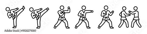 Set of martial arts line icons showing fighters in various poses including kicking, punching, and sparring, a minimalist black and white pictogram collection for combat sports