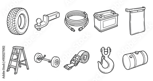 Set of truck and trailer parts illustrations including a tire, hitch, battery, axle, and hook in a black and white line art doodle style for automotive and transport concepts