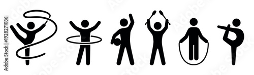 Black rhythmic gymnastics and fitness icons showing stick figures with a ribbon, hula hoop, ball, clubs, and jump rope in a simple silhouette vector style