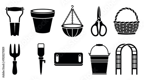 Collection of black gardening equipment icons including a trowel, pot, hanging basket, shears, fork, kneeler, bucket, and arch, all shown in a simple silhouette graphic style