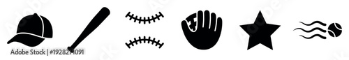 Collection of black baseball sport icons featuring a cap, bat, ball stitching, player glove, star symbol, and a fast pitch in a flat graphic design