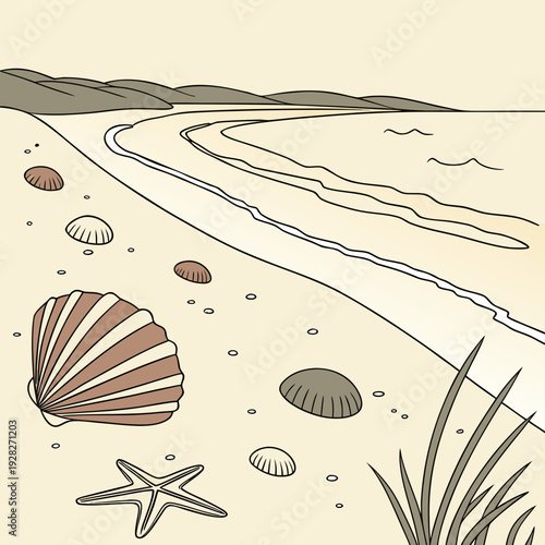 Coastal scene with a sandy beach, ocean waves, and seashells including starfish and scallops, rendered in a simple, stylized illustration.