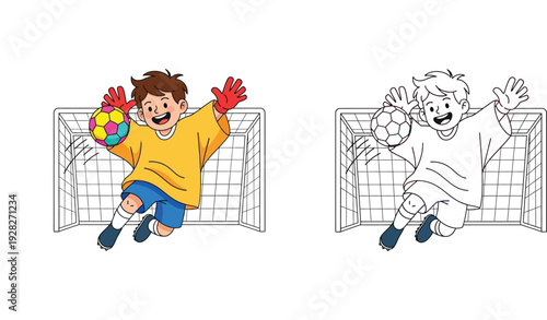Cute little boy goalkeeper jumping to catch soccer ball, color and black outline coloring page vector illustration.