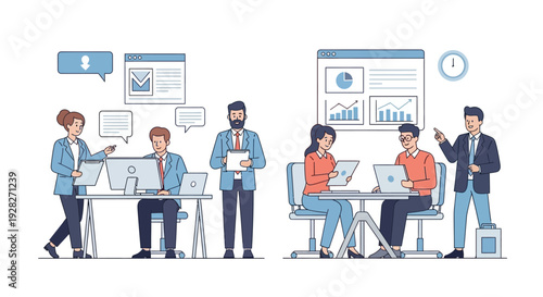 Business team collaborating on project with laptops and data analysis