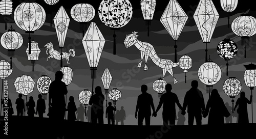 Silhouetted figures admire illuminated paper lanterns at nighttime festival