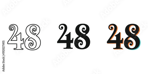 Three variations of the number 48 in decorative fonts on white background