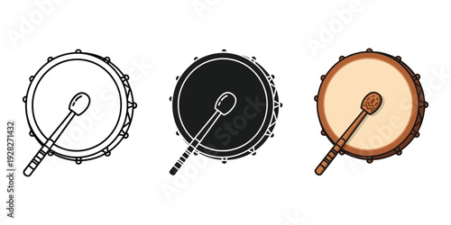 Three tambourines with mallets in black and white and color on white background for music and dance concepts