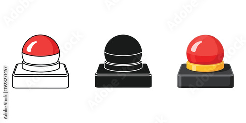 Three colored push buttons on white background red black and yellow industrial control symbols