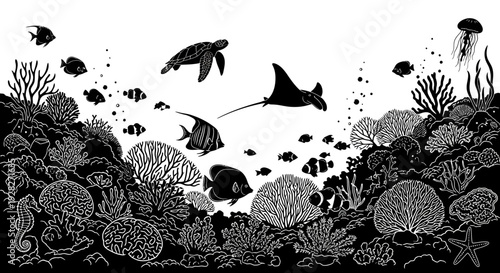 Underwater scene illustration with various marine life silhouettes