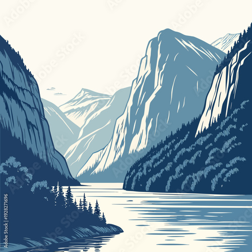Expansive mountain range and river landscape rendered in cool blue and cream tones, showcasing natural beauty and scale.