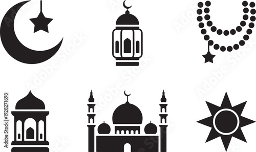 Seven black and white representing Islamic symbols and architecture crescent star