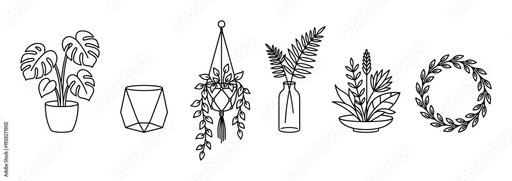 Fototapeta premium Set of hand-drawn houseplant illustrations in a minimalist line art style, including monstera, macrame hanger, terrarium, vase with fern, and a leafy wreath for home decor