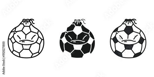 Three angry soccer balls with face expressions black and white illustrations sports icons emotive design elements
