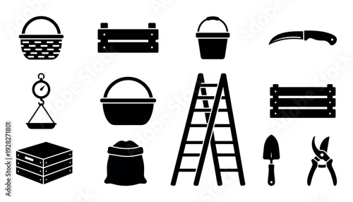 Set of black silhouette gardening and harvesting icons including a basket, crate, bucket, knife, scale, ladder, sack, trowel, and pruning shears for farm work