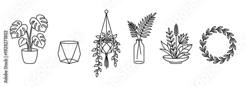 Set of hand-drawn houseplant illustrations in a minimalist line art style, including monstera, macrame hanger, terrarium, vase with fern, and a leafy wreath for home decor