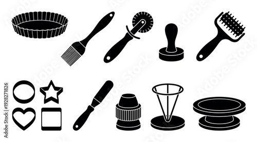 Collection of black silhouette baking tools for pastry and cake decorating, including a tart pan, brush, cutter, and cookie molds presented as a glyph icon set