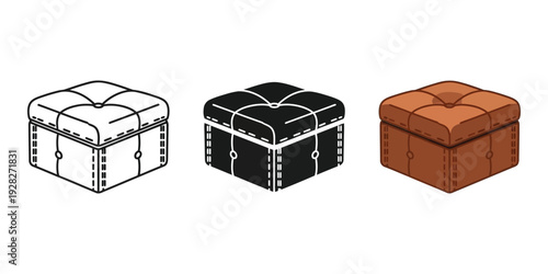 Three tufted ottomans in white black and brown leather upholstered furniture with metal hardware and rivets on a white background