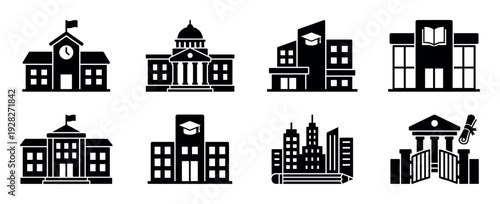 Collection of eight black glyph icons representing various educational institutions, including schools, colleges, and universities with symbols of learning and achievement
