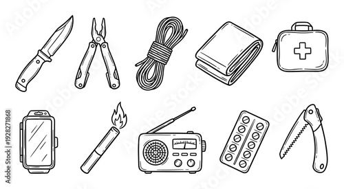 Collection of hand-drawn survival gear icons including a knife, multitool, rope, first aid kit, radio, and folding saw in a simple black and white line art doodle style