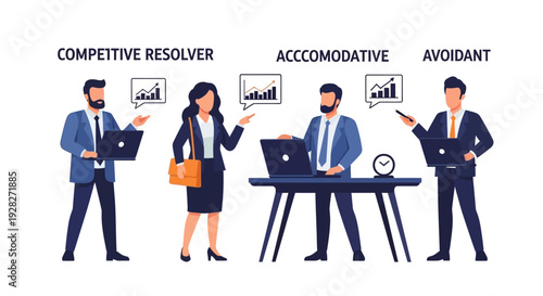 Business people exhibiting different conflict resolution styles in office