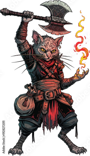 Fantasy cat warrior with axe and magical energy.