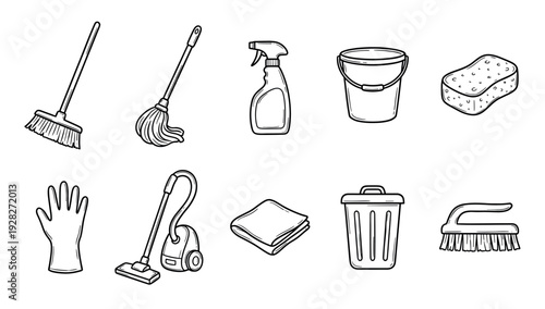 Set of black and white cleaning equipment icons drawn in a simple doodle sketch style, including a broom, mop, vacuum cleaner, bucket, sponge, glove, and spray bottle