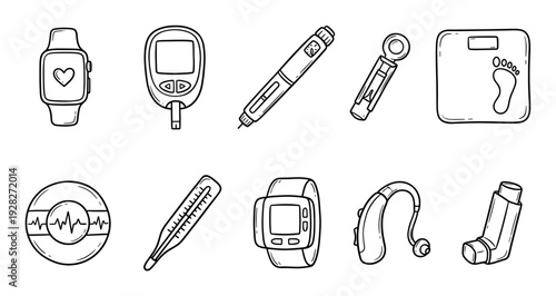 Set of medical device doodle icons for health monitoring including a glucometer, insulin pen, inhaler, and smartwatch, drawn in a simple black and white line art style