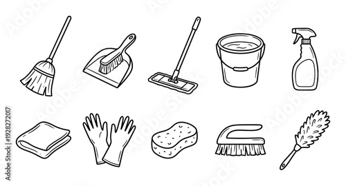 Hand-drawn cleaning tools and equipment icons featuring a mop, broom, dustpan, sponge, and spray bottle in a minimalist black and white line art vector illustration