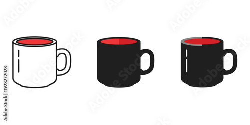 Three coffee mugs in different styles and colors on a white background isolated colorful illustration