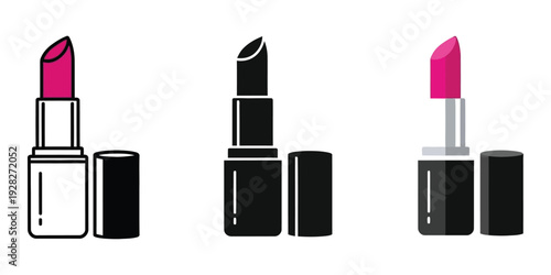 Three colorful lipsticks in black and white cases on a white background for beauty and makeup concept