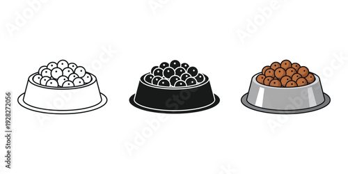 Three dog food bowls filled with kibble on white background pet nutrition concept with black and white illustration