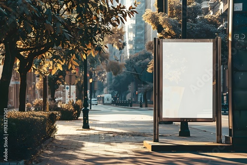  Vertical billboard with mock up place for your advertisement against city background. Blank advertising stand.