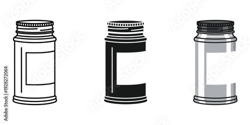 Three empty spice jars with blank labels in black and white and grayscale standing upright on a white background perfect for labeling or customization