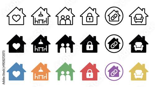 Collection of house and home icons representing various concepts like love, family, security, and comfort, presented in outline, solid glyph, and colorful flat vector styles