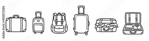 Collection of black and white travel luggage icons showing various suitcases, a backpack, and open bags with packed and messy clothes in a simple hand-drawn doodle style
