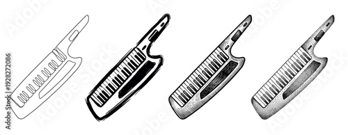 Four black and white keytar keyboard illustrations in a row, showcasing various graphic techniques like continuous line drawing, ink sketch, engraving, and dotwork art