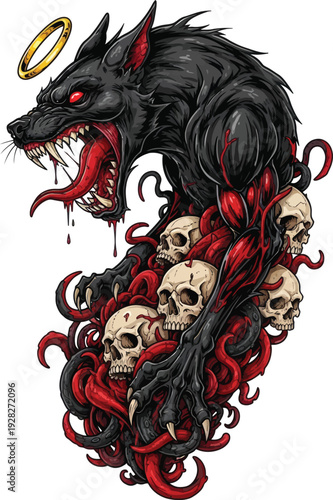 Illustration of a black wolf with red eyes and skulls.