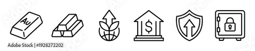Set of black line icons representing finance, banking, and investment concepts including gold bars, global growth, a bank building, a protection shield, and a secure safe