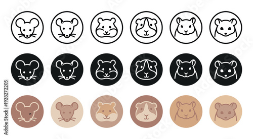 Rodent head icon set with mouse, hamster, and guinea pig faces in a cute, minimalist vector illustration style, showing line art, negative, and flat color variations