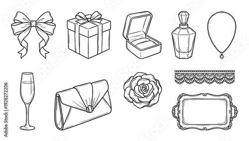 Collection of black and white line art illustrations of romantic gift items including a present, jewelry box, perfume, rose, necklace, and champagne flute