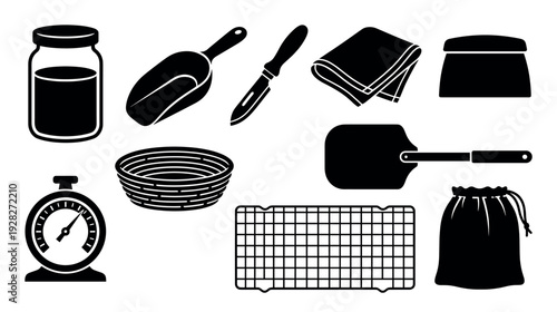 Set of black baking tool icons including a scale, proofing basket, dough scraper, flour scoop, and cooling rack in a simple graphic illustration style for culinary concepts