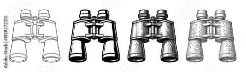 Collection of four vintage binoculars rendered in diverse black and white illustration techniques such as line art, solid shape, detailed hatching, and stippling