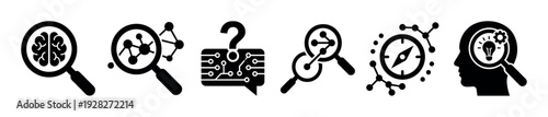 Set of black glyph icons representing research, analysis, discovery, and innovation with magnifying glasses, brains, networks, and a compass for technology concepts