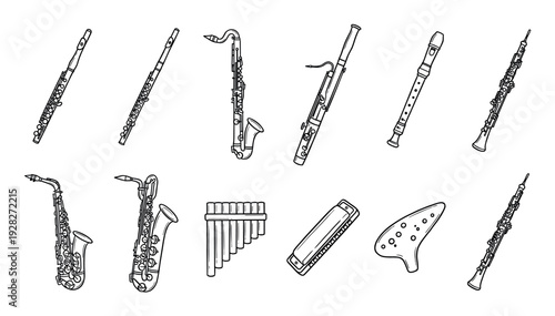 Set of hand-drawn woodwind musical instruments in a black and white doodle style, featuring a flute, saxophone, oboe, bassoon, clarinet, recorder, ocarina, and panpipes