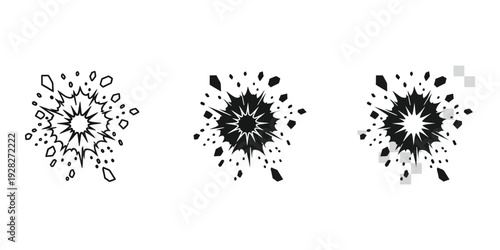 Three black ink splatters on white background dynamic abstract art with fluid splashes
