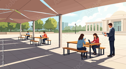 Business People Meeting at Outdoor Picnic Tables.