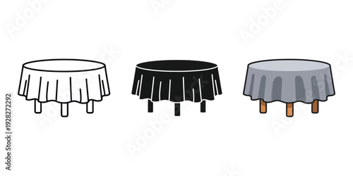 Three round tables with different colored tablecloths on wooden legs isolated on white background for decor and furniture design