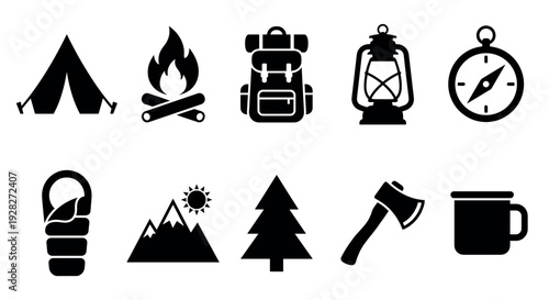 Set of black camping and hiking icons featuring a tent, campfire, backpack, lantern, compass, and other outdoor adventure equipment in a simple glyph silhouette style
